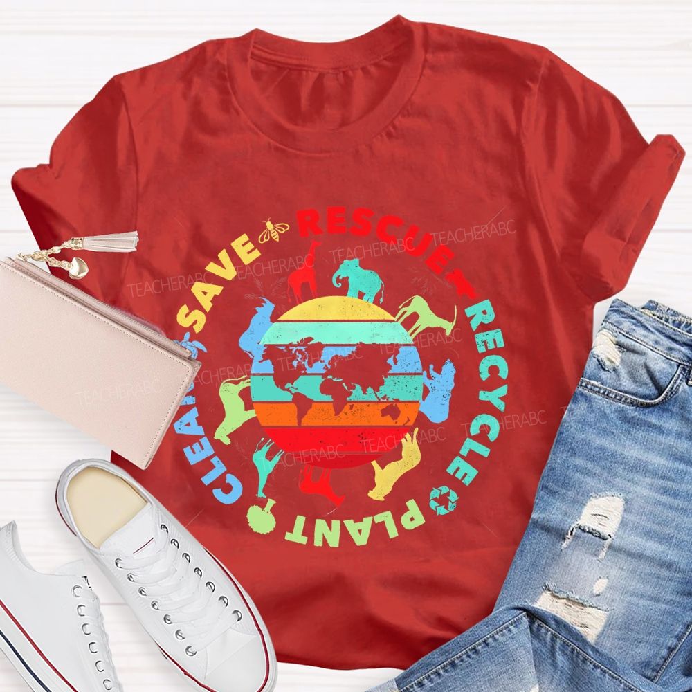 Save Rescue Recycle Clean Plant Colorful Stripes Letters  Teacher T-shirt