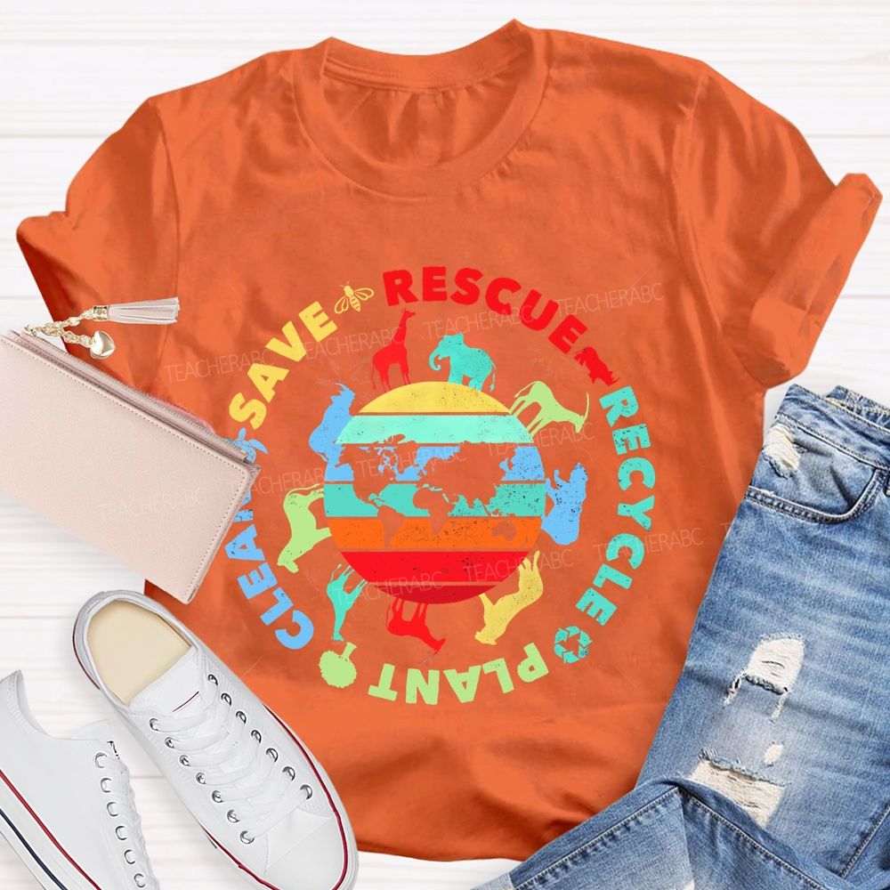 Save Rescue Recycle Clean Plant Colorful Stripes Letters  Teacher T-shirt
