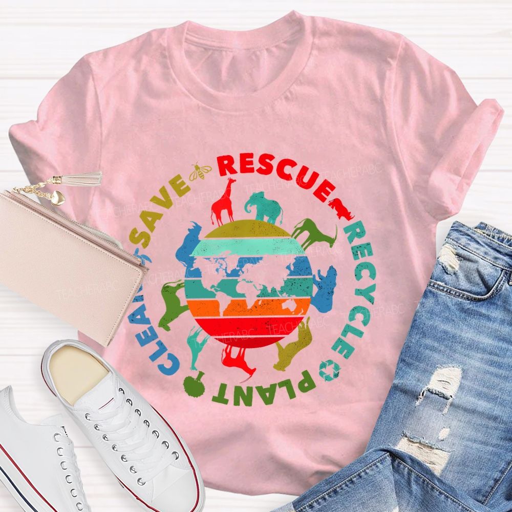 Save Rescue Recycle Clean Plant Colorful Stripes Letters  Teacher T-shirt