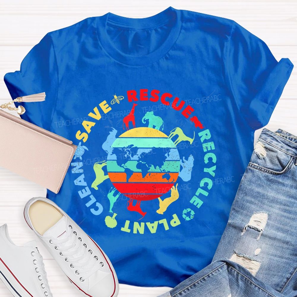 Save Rescue Recycle Clean Plant Colorful Stripes Letters  Teacher T-shirt