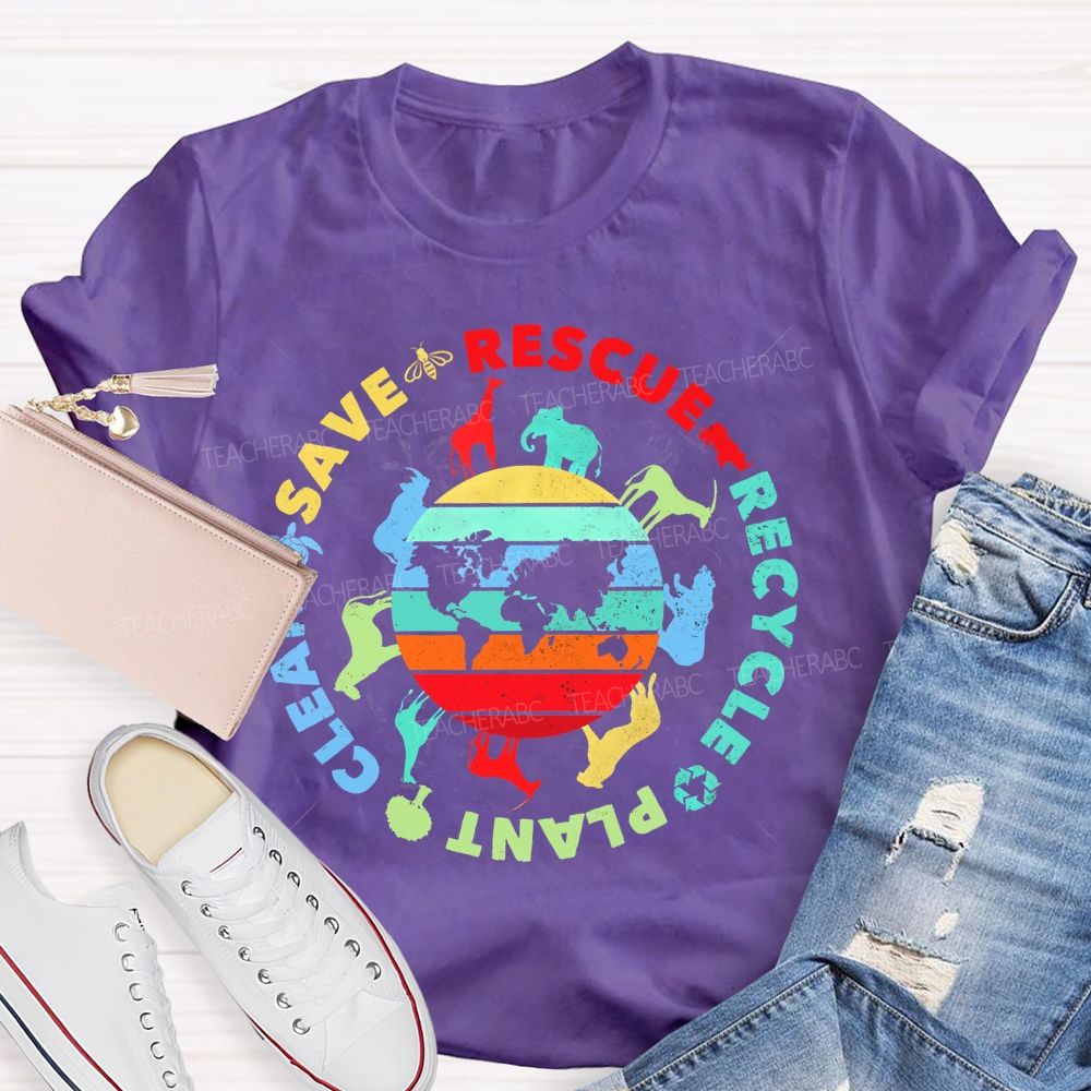 Save Rescue Recycle Clean Plant Colorful Stripes Letters  Teacher T-shirt