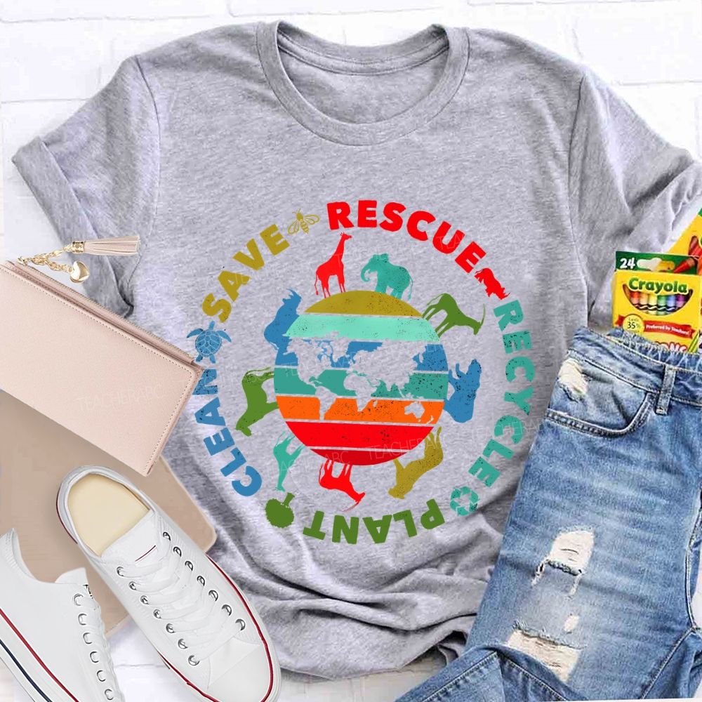 Save Rescue Recycle Clean Plant Colorful Stripes Letters  Teacher T-shirt