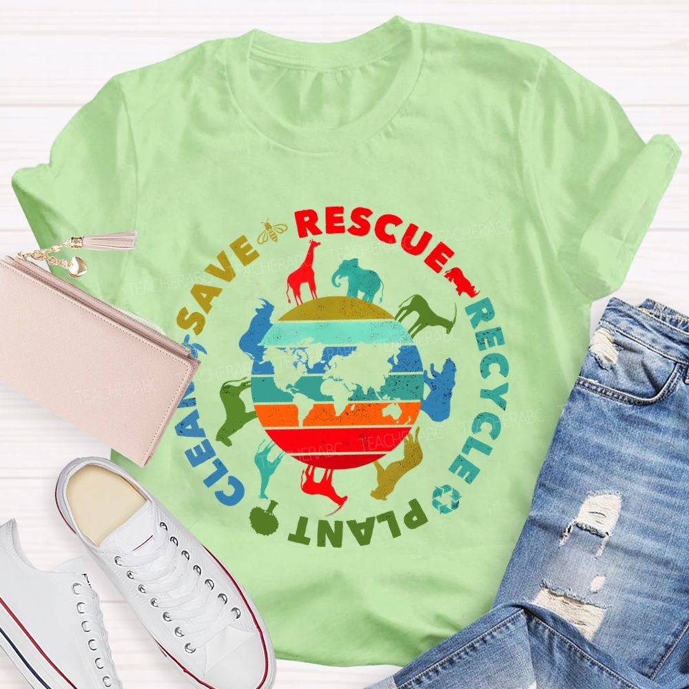 Save Rescue Recycle Clean Plant Colorful Stripes Letters  Teacher T-shirt