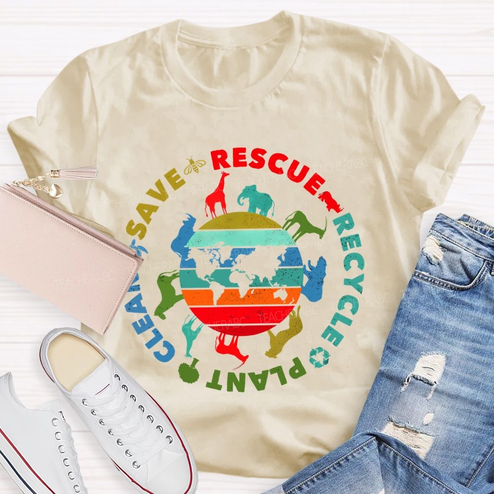 Save Rescue Recycle Clean Plant Colorful Stripes Letters  Teacher T-shirt