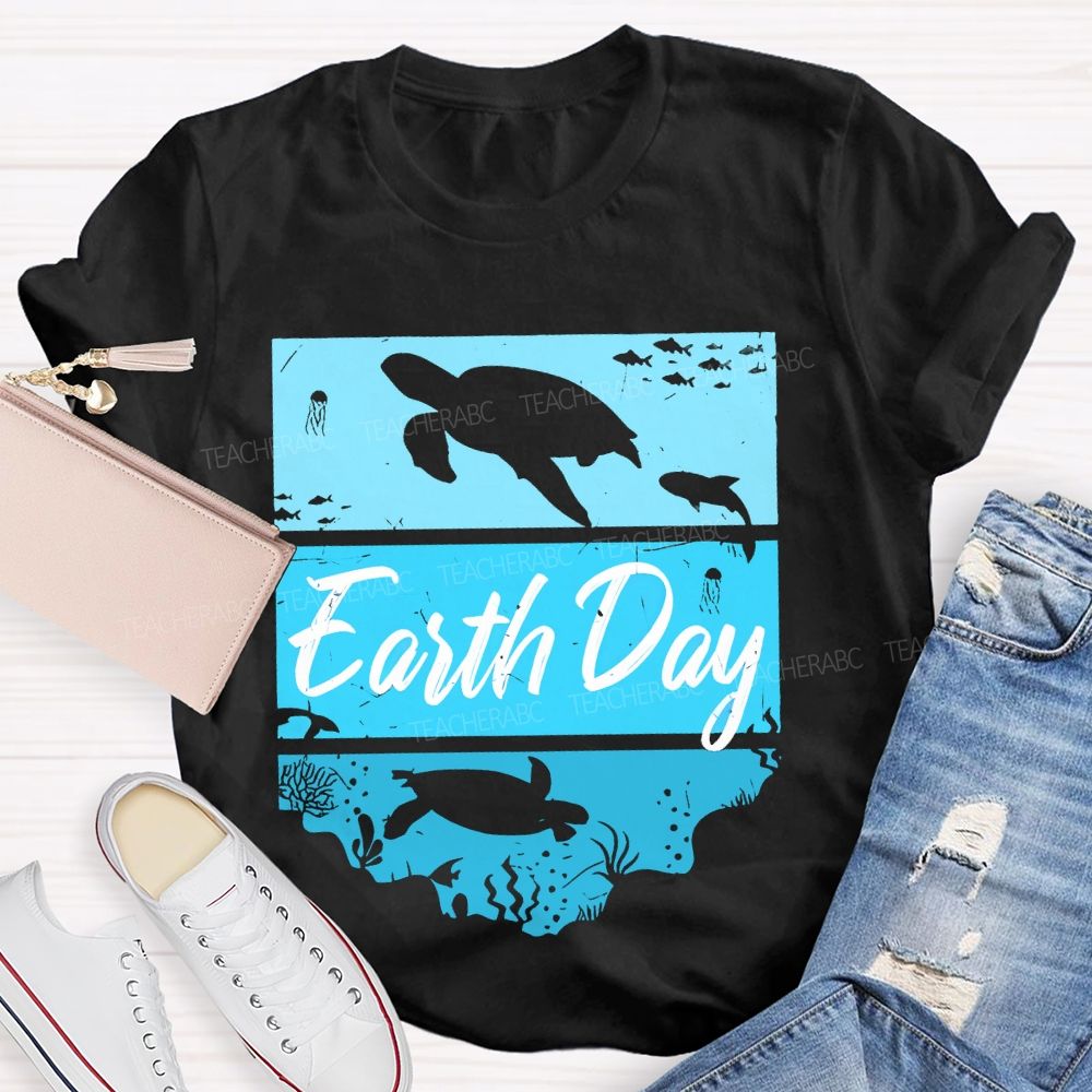 Earth Day Sea Turtle Letters  Teacher T-shirt