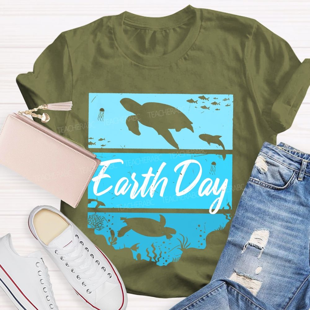 Earth Day Sea Turtle Letters  Teacher T-shirt