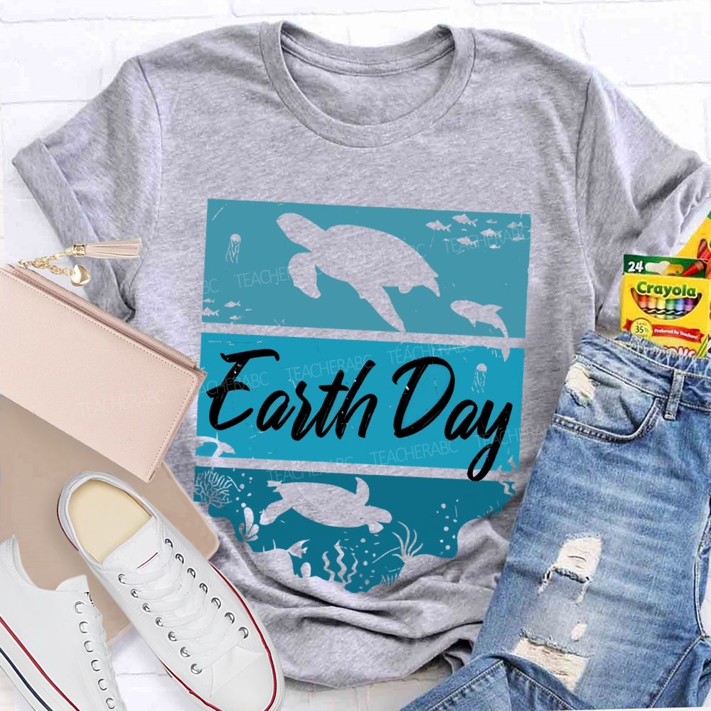 Earth Day Sea Turtle Letters  Teacher T-shirt