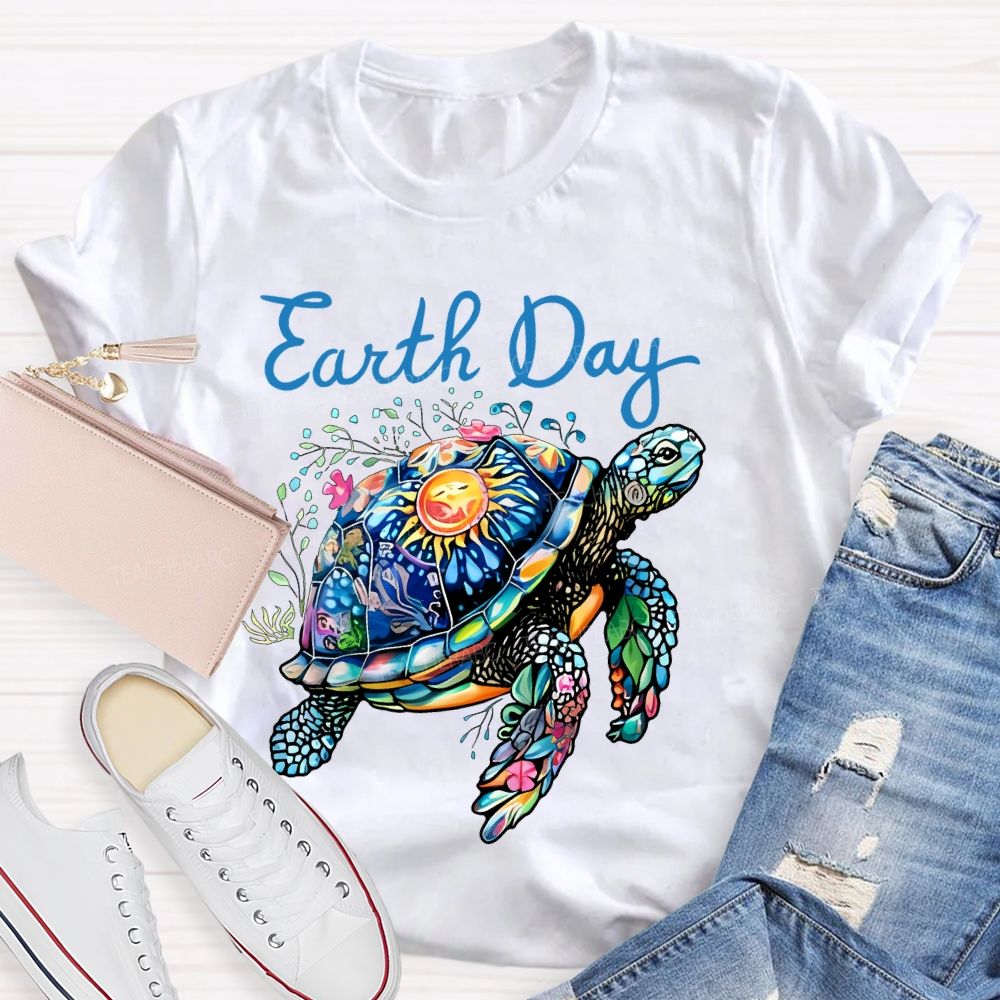 Earth Day Colorful Sea Turtle  Teacher T-shirt