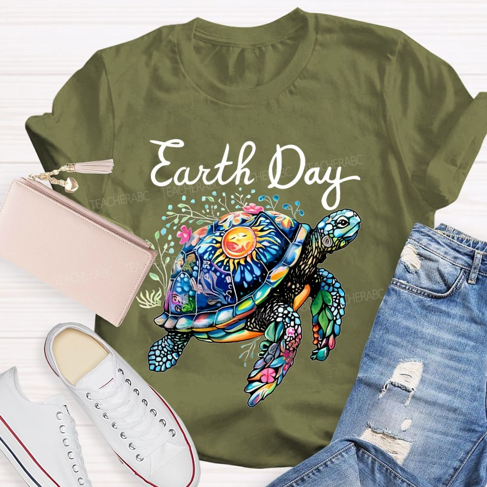 Earth Day Colorful Sea Turtle  Teacher T-shirt
