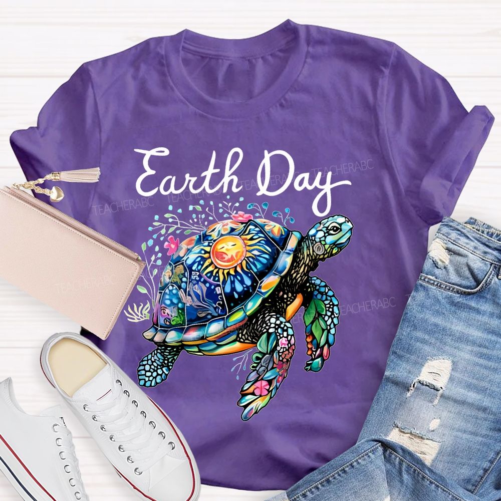 Earth Day Colorful Sea Turtle  Teacher T-shirt