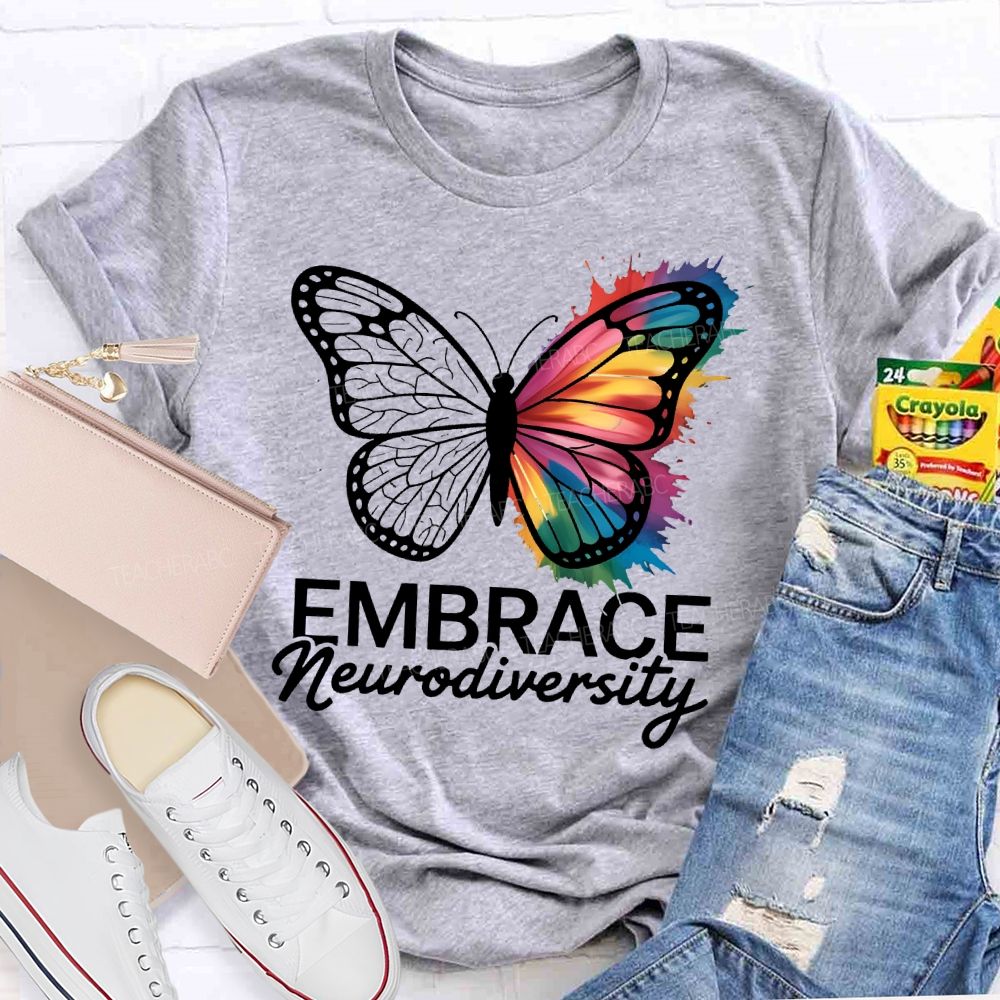 Embrace Neurodiversity Colorful Butterfly  Teacher T-shirt