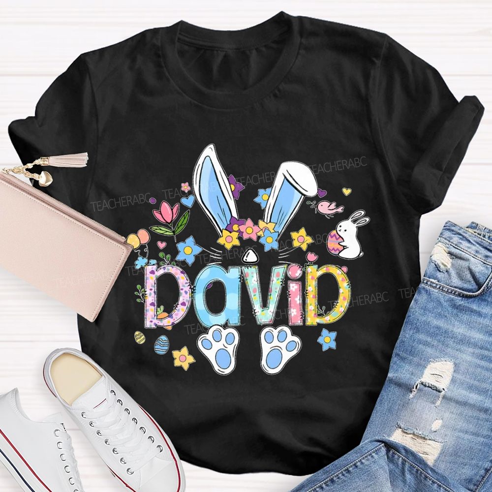 Personalized Name Colorful Rabbit Flowers Teacher T-shirt