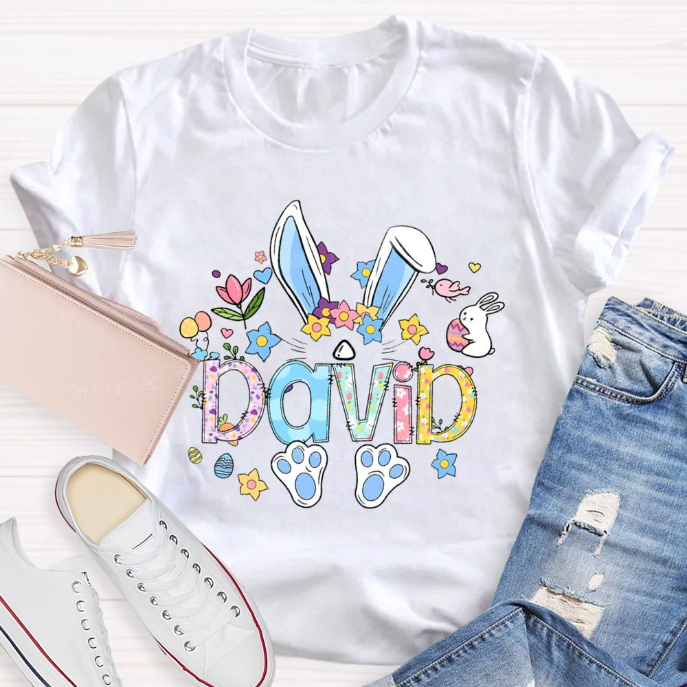 Personalized Name Colorful Rabbit Flowers Teacher T-shirt