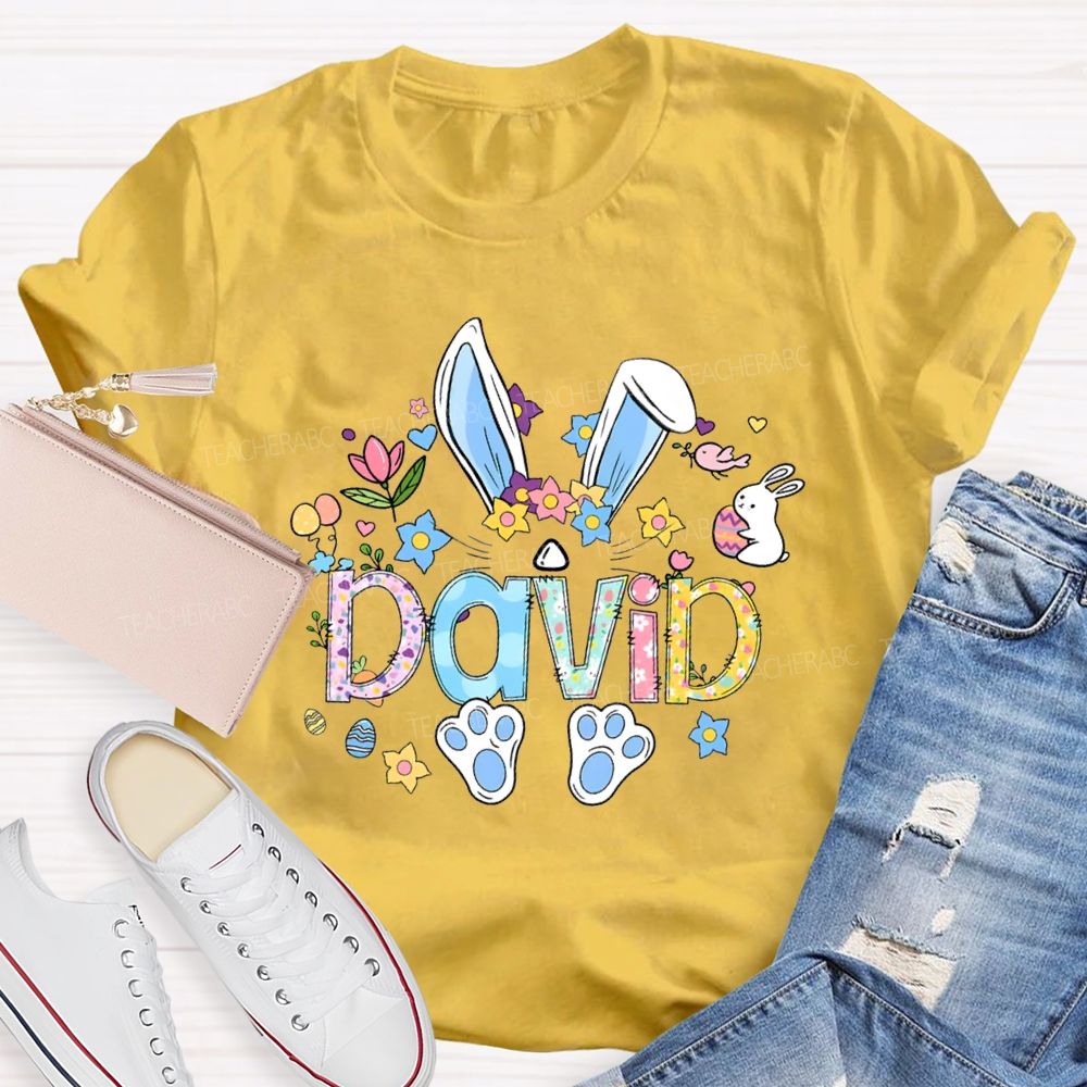 Personalized Name Colorful Rabbit Flowers Teacher T-shirt