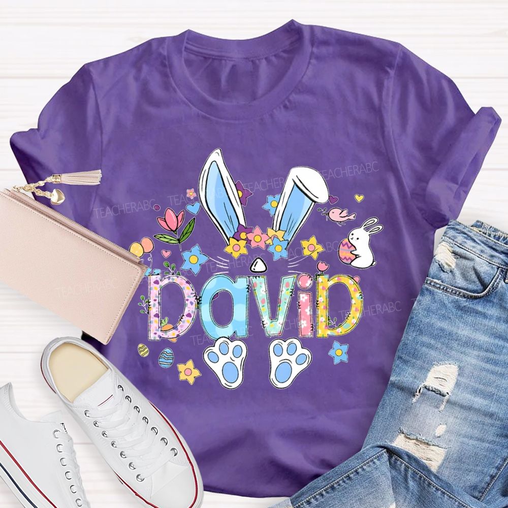 Personalized Name Colorful Rabbit Flowers Teacher T-shirt