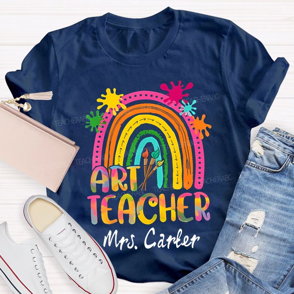 Personalized Name Art Teacher Gradient Fonts And Brushes Teacher T-shirt