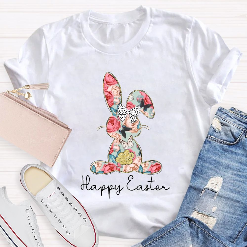 Happy Easter Bunny Flower Bow Teacher T-shirt