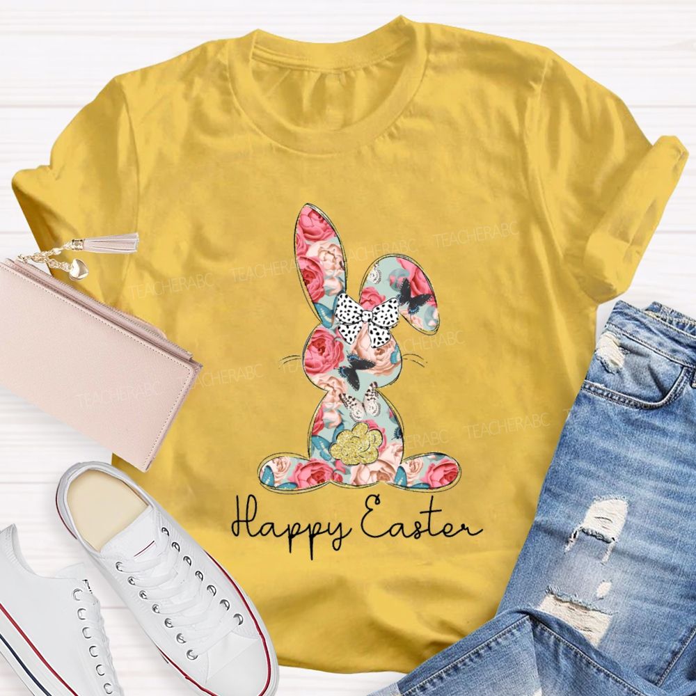 Happy Easter Bunny Flower Bow Teacher T-shirt