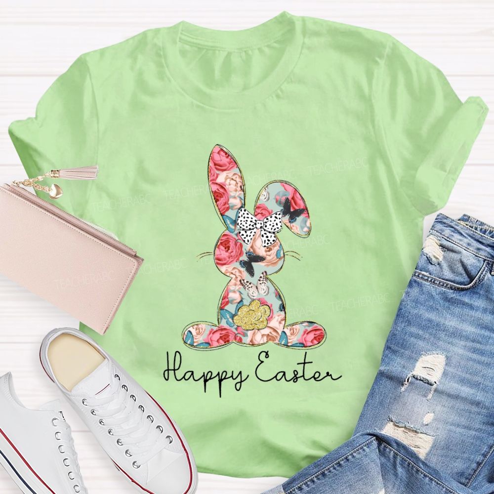 Happy Easter Bunny Flower Bow Teacher T-shirt