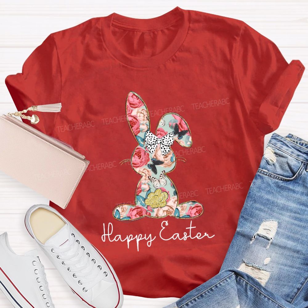 Happy Easter Bunny Flower Bow Teacher T-shirt