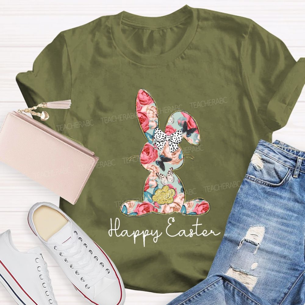 Happy Easter Bunny Flower Bow Teacher T-shirt