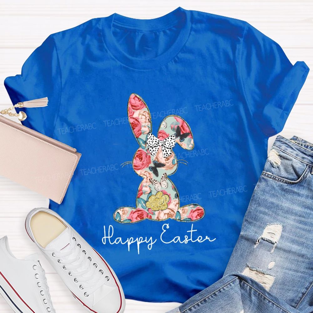 Happy Easter Bunny Flower Bow Teacher T-shirt