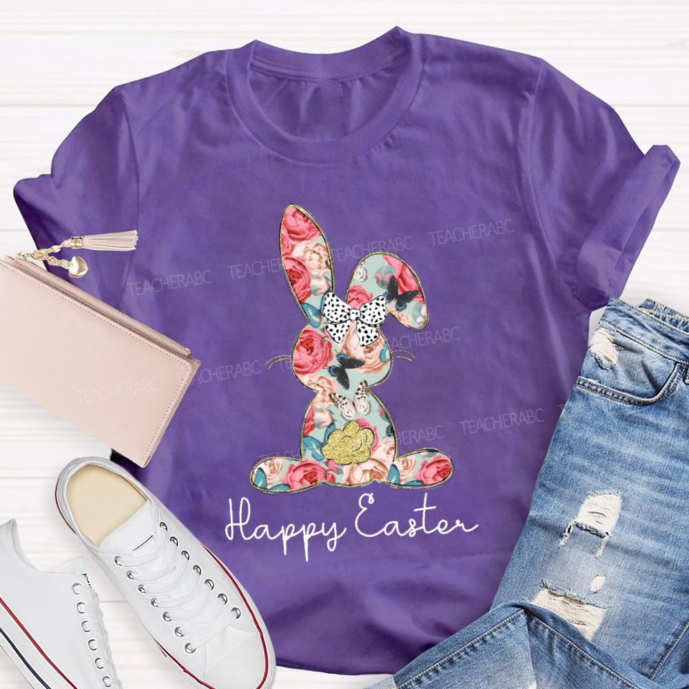 Happy Easter Bunny Flower Bow Teacher T-shirt