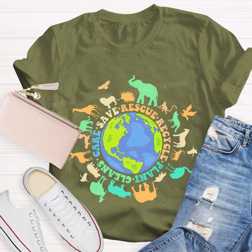 Care Save Rescue Recycle Plant Cleans Graphic Colorful Letters  Teacher T-shirt