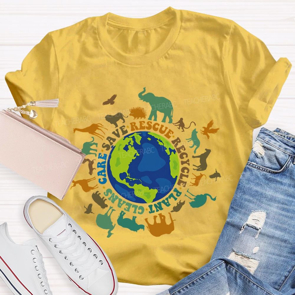Care Save Rescue Recycle Plant Cleans Graphic Colorful Letters  Teacher T-shirt