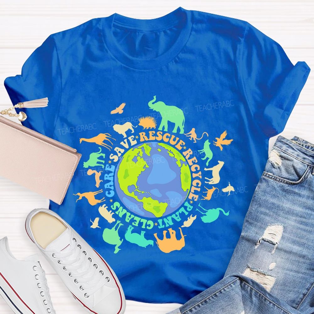 Care Save Rescue Recycle Plant Cleans Graphic Colorful Letters  Teacher T-shirt