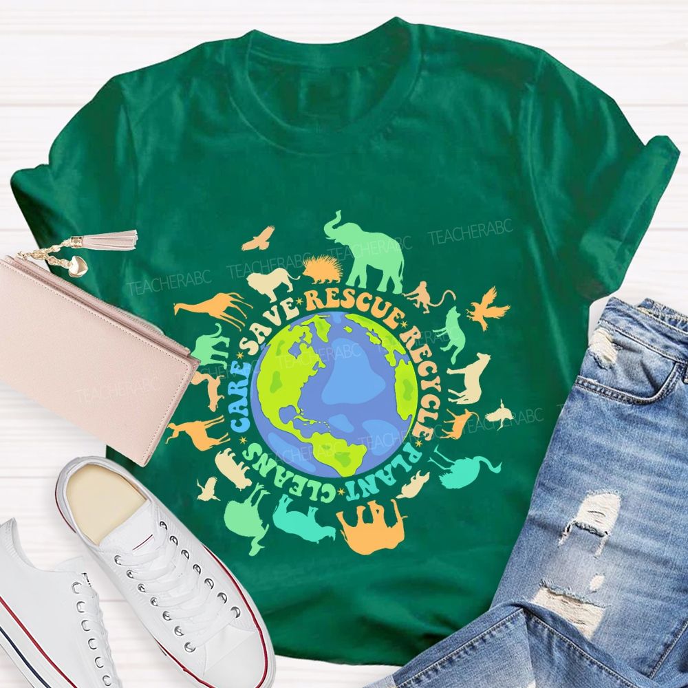 Care Save Rescue Recycle Plant Cleans Graphic Colorful Letters  Teacher T-shirt