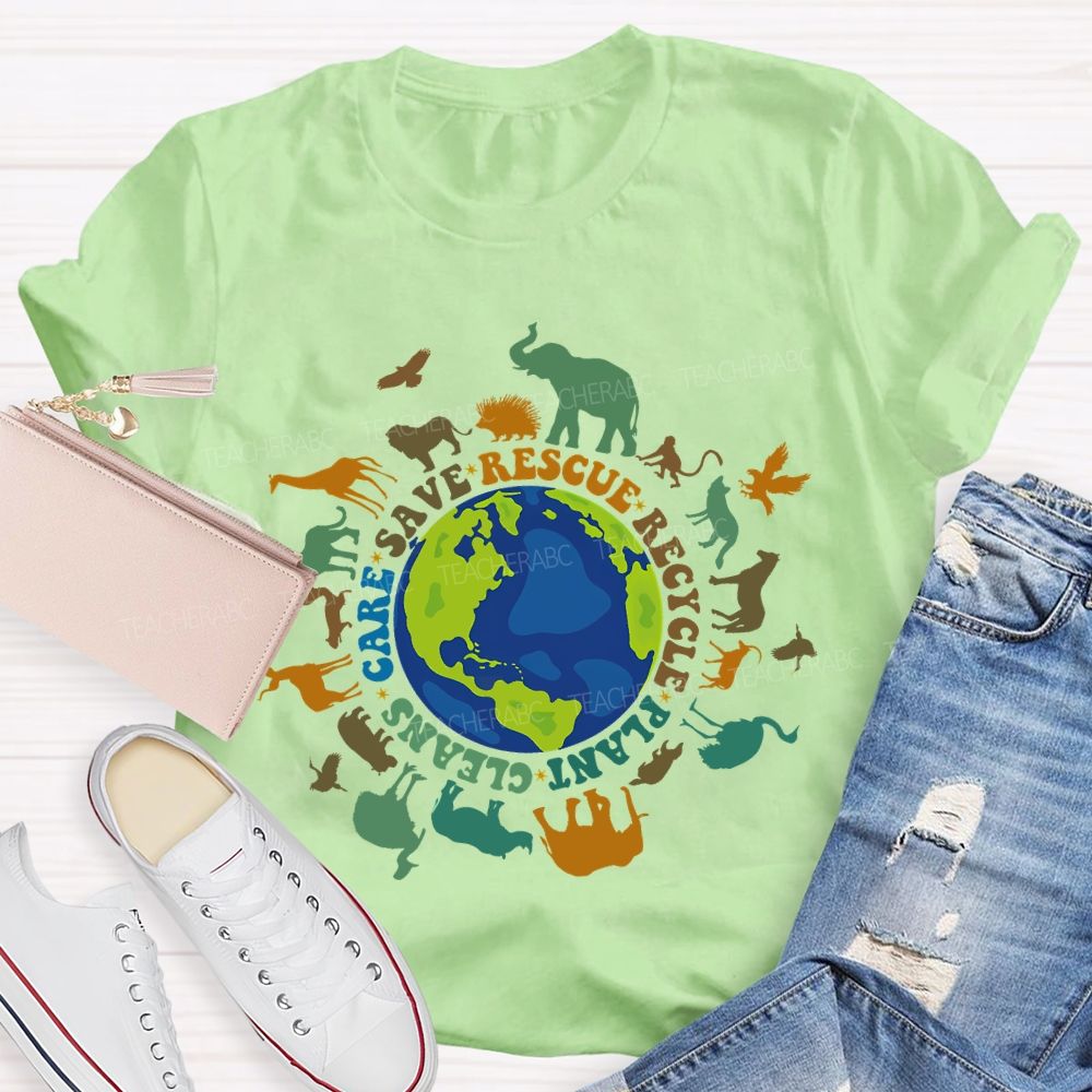 Care Save Rescue Recycle Plant Cleans Graphic Colorful Letters  Teacher T-shirt