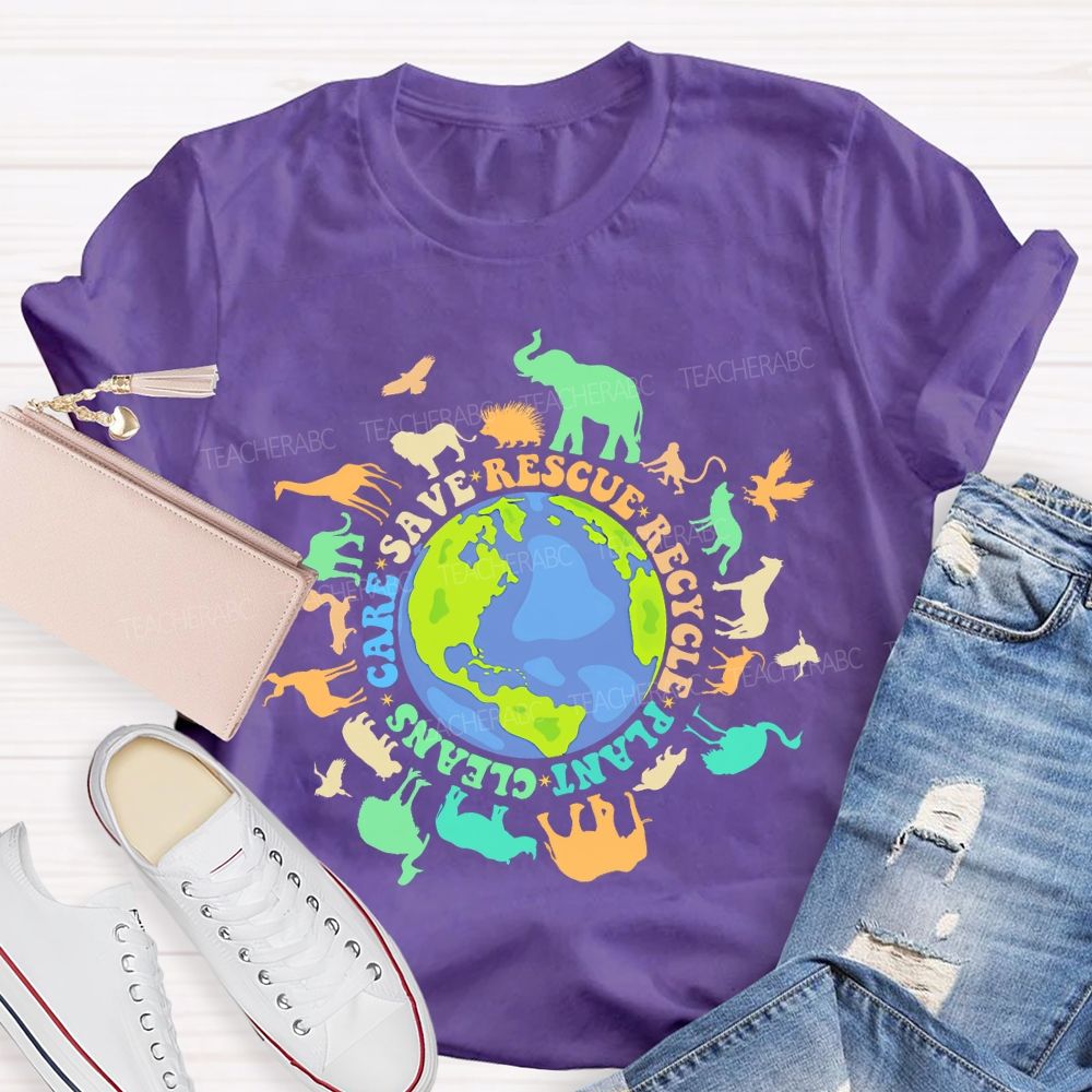 Care Save Rescue Recycle Plant Cleans Graphic Colorful Letters  Teacher T-shirt