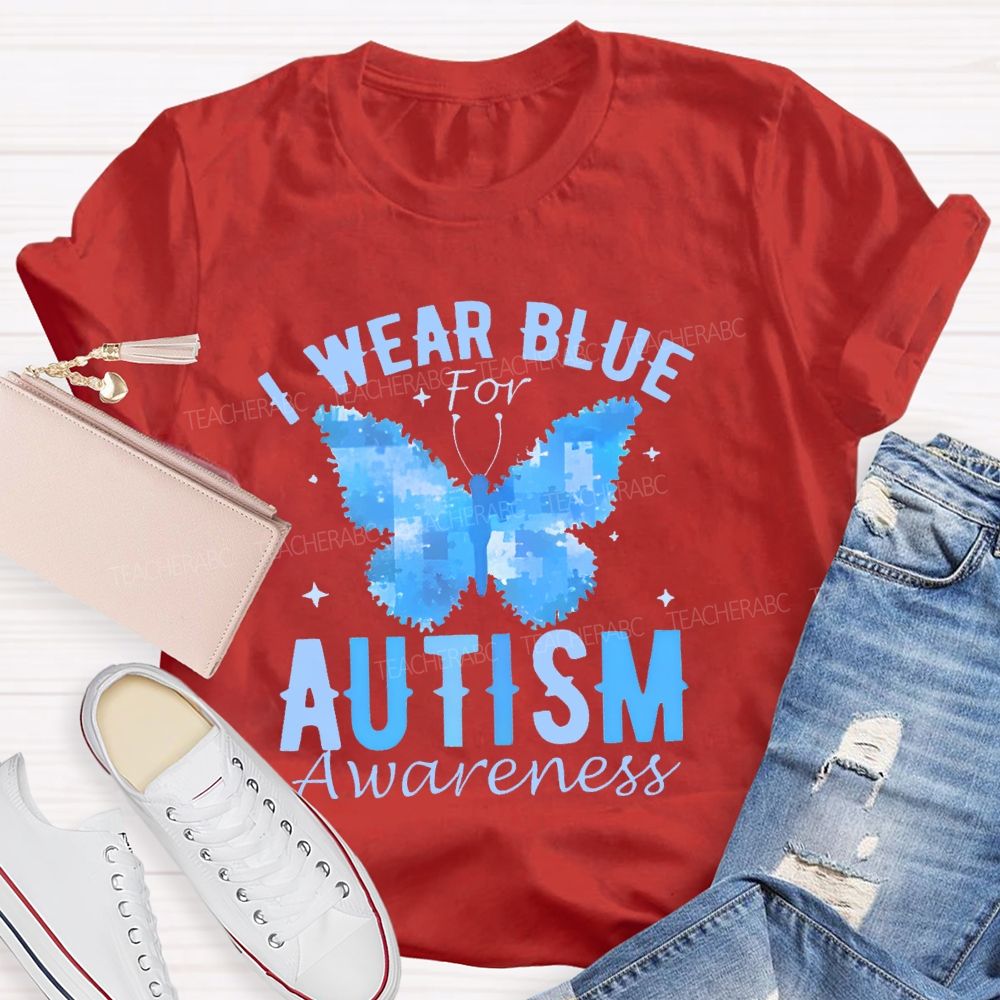 I Wear Blue For Autism Awareness Butterfly Puzzle Graphic  Teacher T-shirt