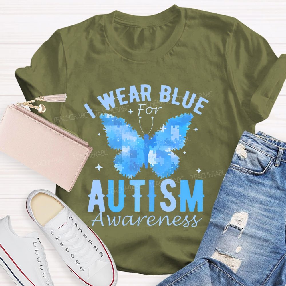 I Wear Blue For Autism Awareness Butterfly Puzzle Graphic  Teacher T-shirt