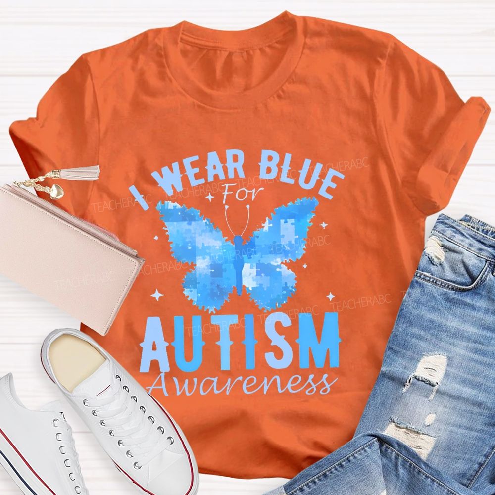 I Wear Blue For Autism Awareness Butterfly Puzzle Graphic  Teacher T-shirt