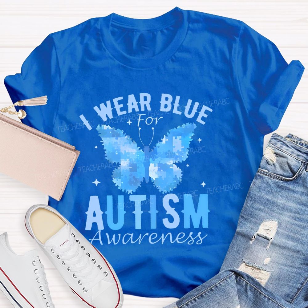 I Wear Blue For Autism Awareness Butterfly Puzzle Graphic  Teacher T-shirt
