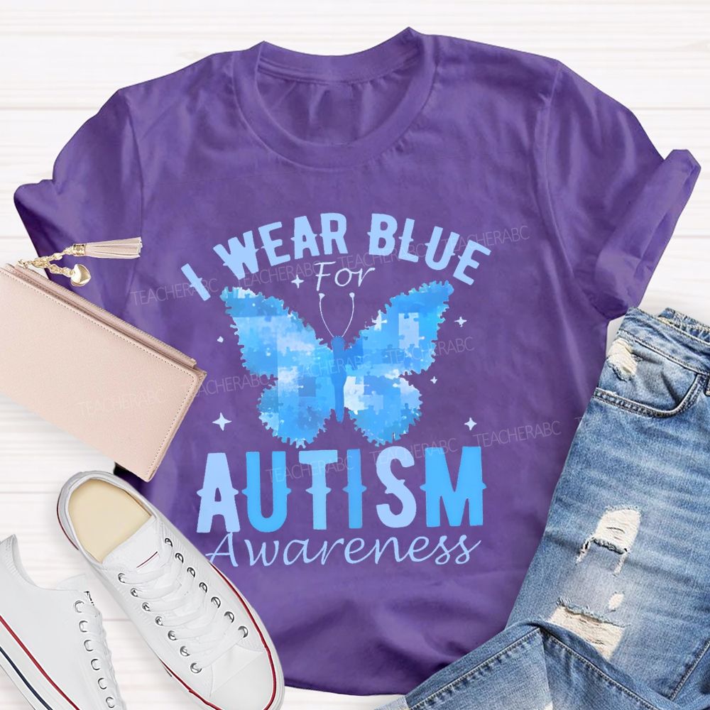I Wear Blue For Autism Awareness Butterfly Puzzle Graphic  Teacher T-shirt