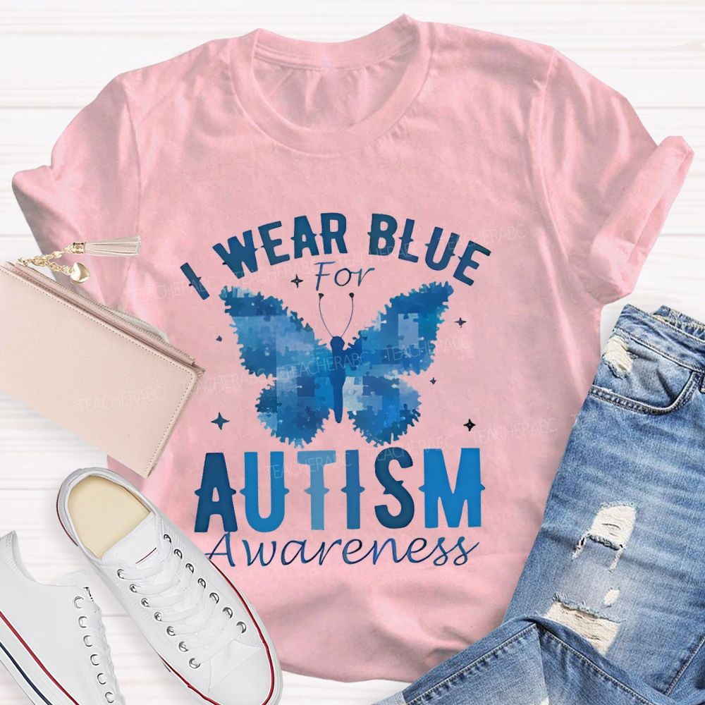 I Wear Blue For Autism Awareness Butterfly Puzzle Graphic  Teacher T-shirt