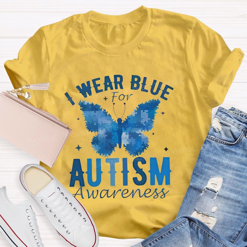 I Wear Blue For Autism Awareness Butterfly Puzzle Graphic  Teacher T-shirt