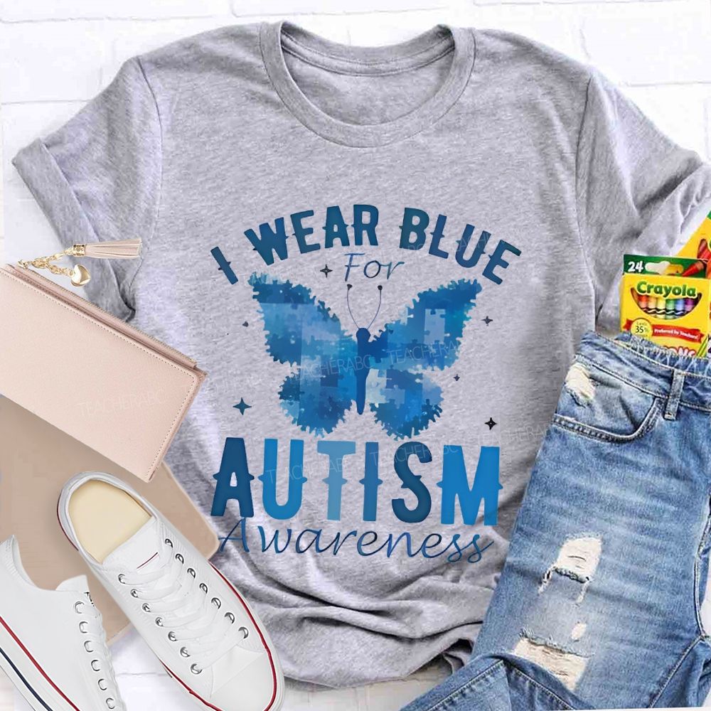 I Wear Blue For Autism Awareness Butterfly Puzzle Graphic  Teacher T-shirt