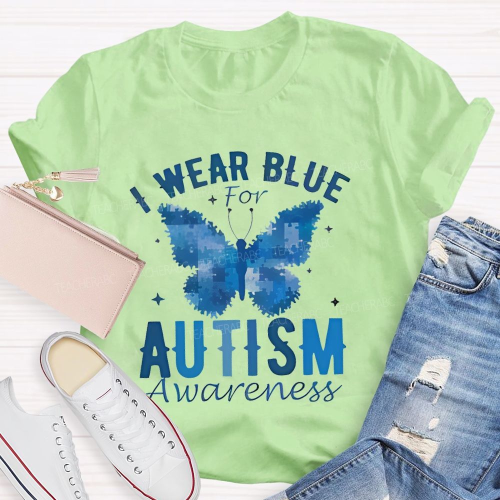 I Wear Blue For Autism Awareness Butterfly Puzzle Graphic  Teacher T-shirt
