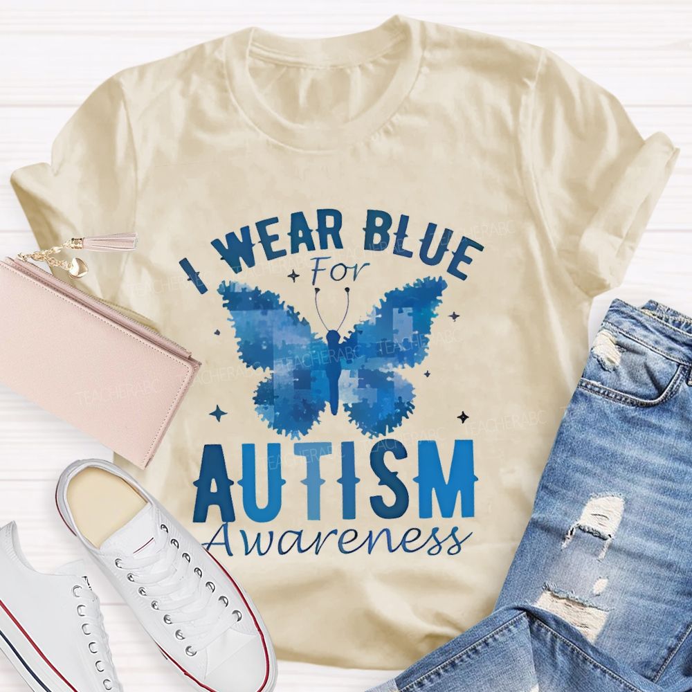 I Wear Blue For Autism Awareness Butterfly Puzzle Graphic  Teacher T-shirt