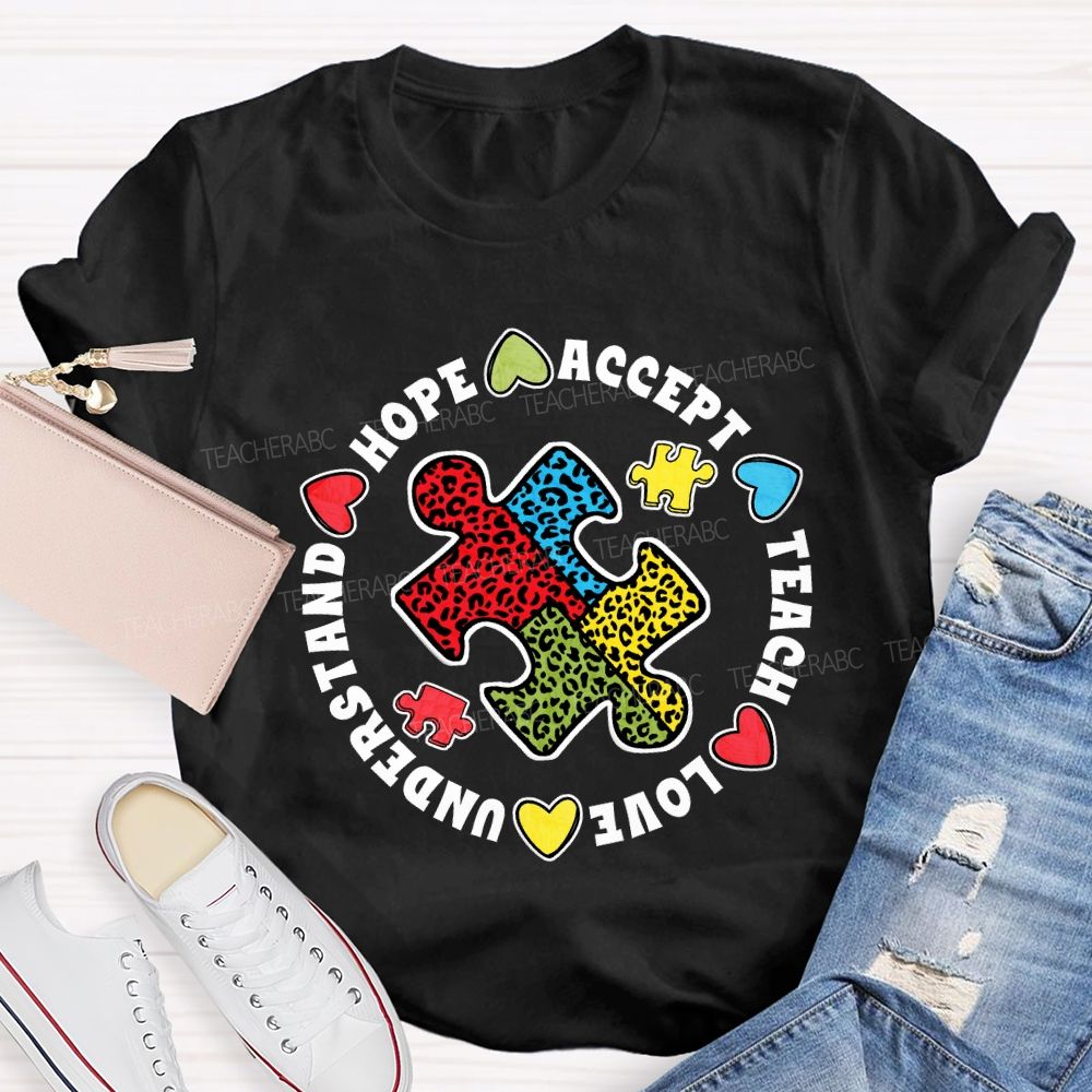 Hope Accept Teach Love Understand Leopard Puzzle Teacher T-shirt