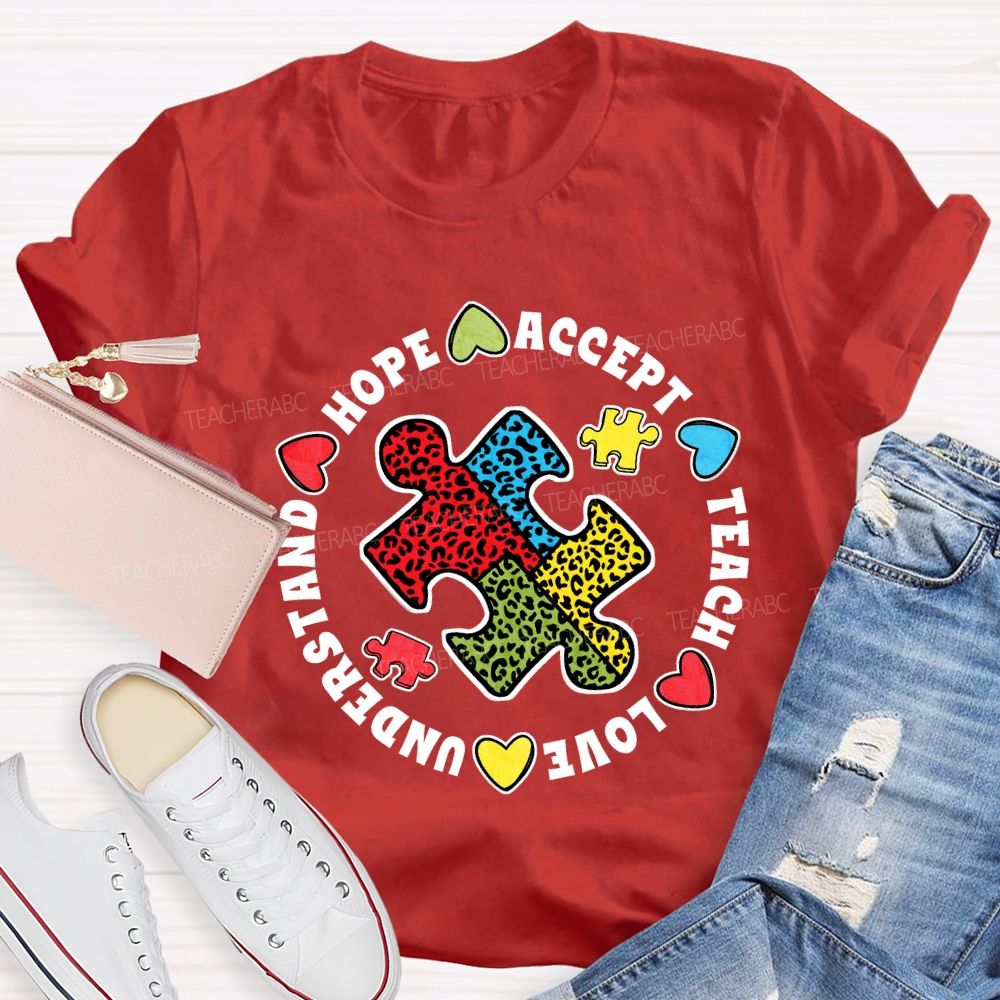 Hope Accept Teach Love Understand Leopard Puzzle Teacher T-shirt