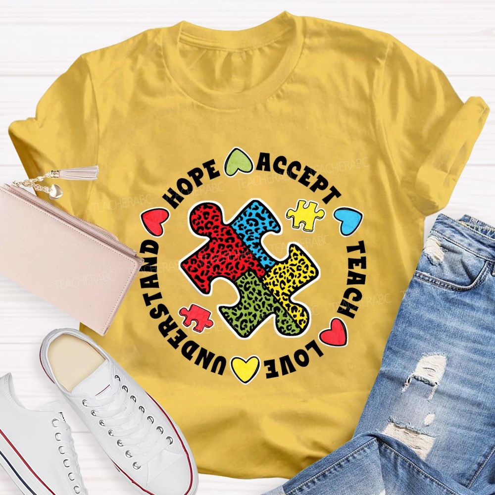 Hope Accept Teach Love Understand Leopard Puzzle Teacher T-shirt