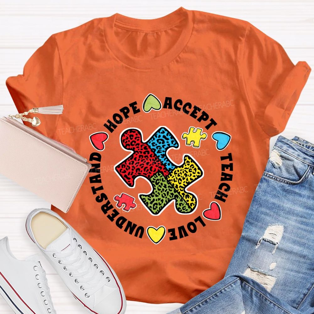 Hope Accept Teach Love Understand Leopard Puzzle Teacher T-shirt