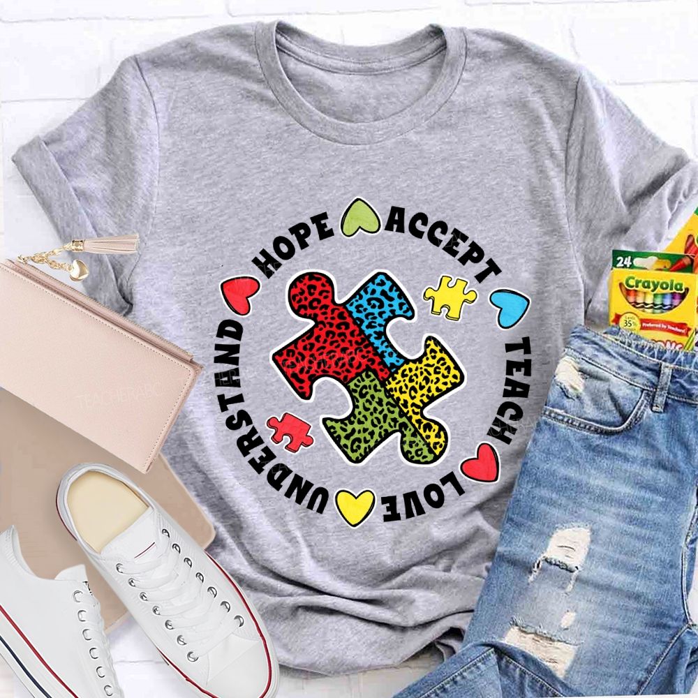 Hope Accept Teach Love Understand Leopard Puzzle Teacher T-shirt