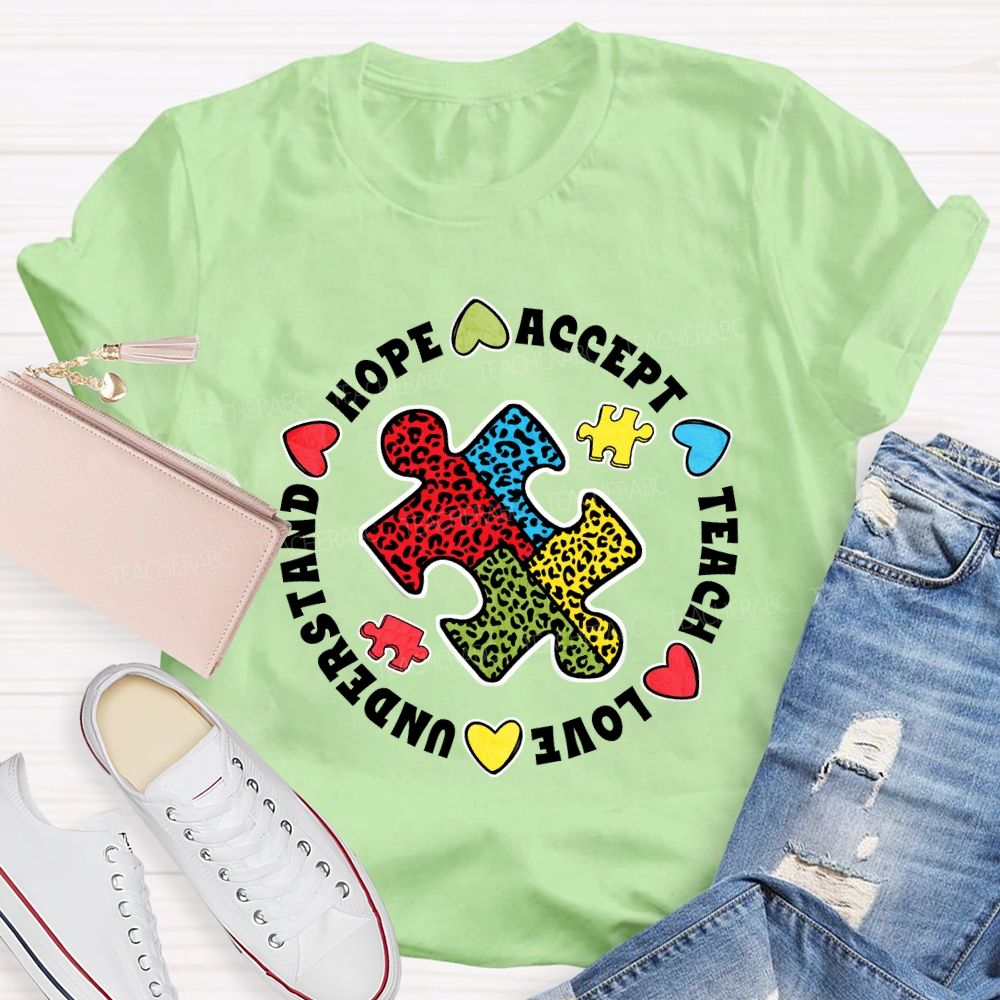 Hope Accept Teach Love Understand Leopard Puzzle Teacher T-shirt