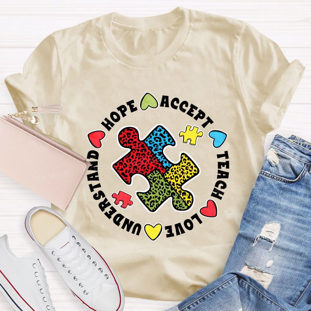 Hope Accept Teach Love Understand Leopard Puzzle Teacher T-shirt